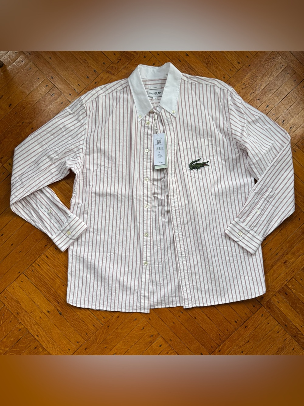 Lacoste White Button-Up Shirt with Pink Stripes
